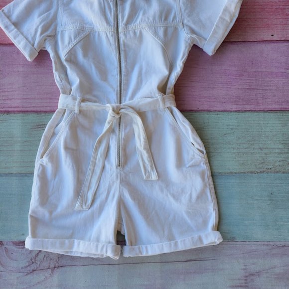 Reformation Vintage White Sadie Short Sleeve Zip Front Belted Denim Romper 8 - Picture 4 of 7